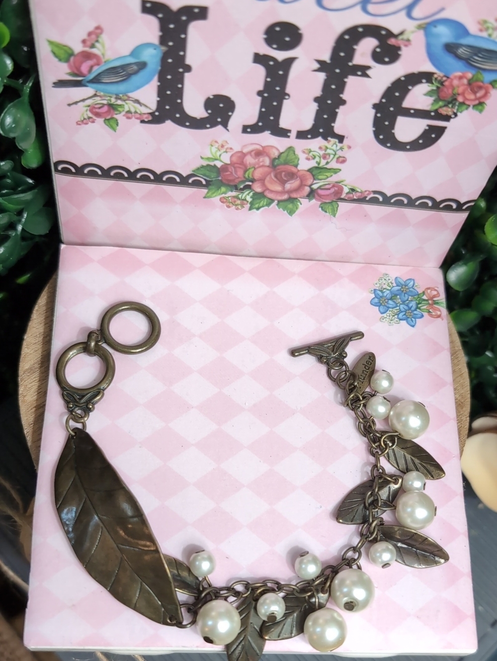 Plunder Bronze Leaf Charm Bracelet with Pearl Drops
